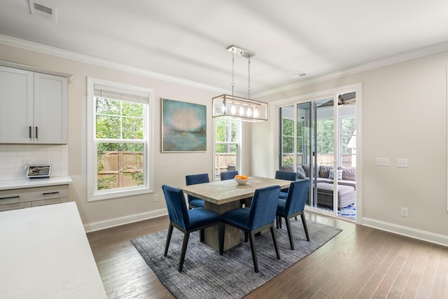 125 Beam St, Huger, SC 29450 - dining area featuring baseboards, healthy amount of natural light, dark wood-style floors, and ornamental molding