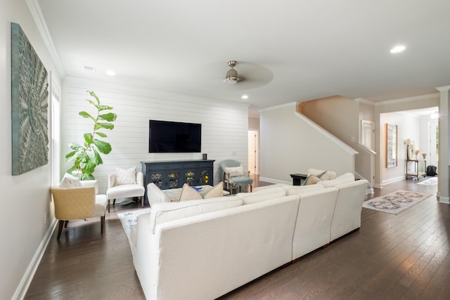 125 Beam St, Huger, SC 29450 - living area featuring dark wood-type flooring, ceiling fan, ornamental molding, baseboards, and recessed lighting
