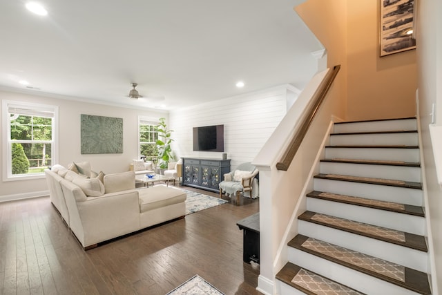 125 Beam St, Huger, SC 29450 - living area with stairway, hardwood / wood-style flooring, recessed lighting, plenty of natural light, and crown molding
