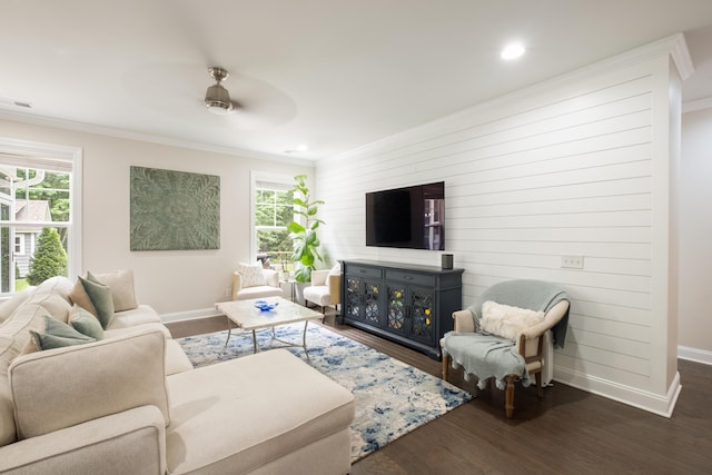 125 Beam St, Huger, SC 29450 - living room with baseboards, ornamental molding, wood finished floors, plenty of natural light, and ceiling fan