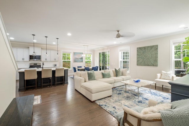 125 Beam St, Huger, SC 29450 - living area with a ceiling fan, dark wood-style floors, ornamental molding, and recessed lighting