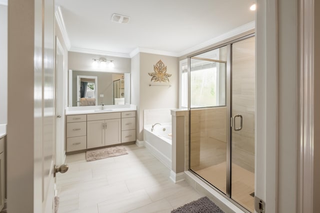 125 Beam St, Huger, SC 29450 - bathroom with vanity, ornamental molding, a garden tub, plenty of natural light, and a shower stall