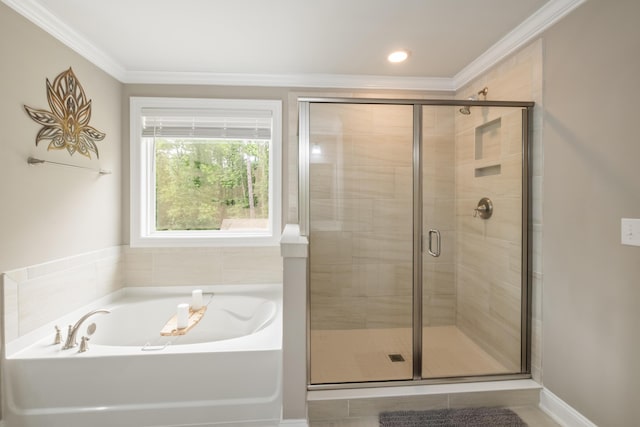125 Beam St, Huger, SC 29450 - full bathroom featuring a garden tub, a stall shower, and ornamental molding