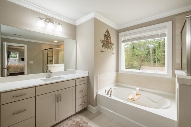125 Beam St, Huger, SC 29450 - full bathroom with vanity, a shower stall, a garden tub, ensuite bath, and crown molding
