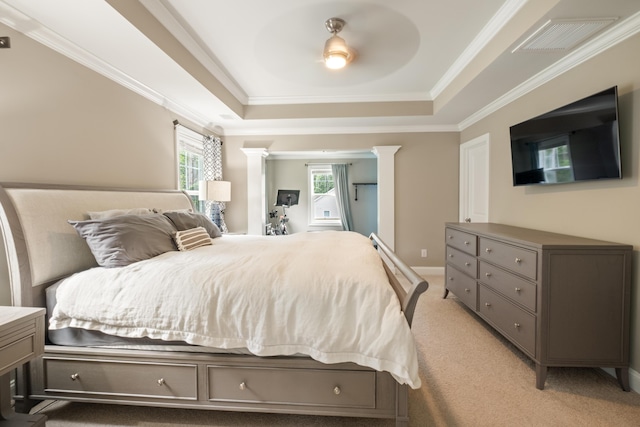 125 Beam St, Huger, SC 29450 - bedroom featuring a tray ceiling, crown molding, ornate columns, light carpet, and ceiling fan