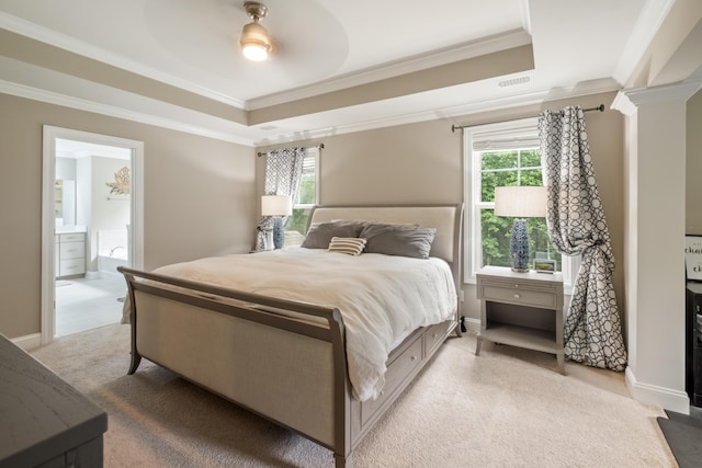 125 Beam St, Huger, SC 29450 - bedroom with light carpet, crown molding, a raised ceiling, ensuite bath, and ceiling fan