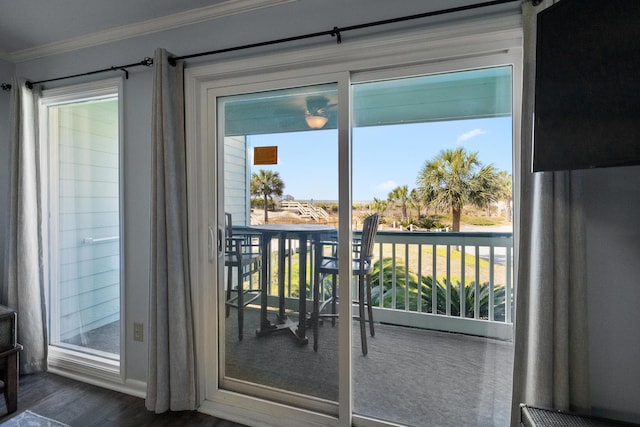 doorway featuring ornamental molding, plenty of natural light, and wood finished floors