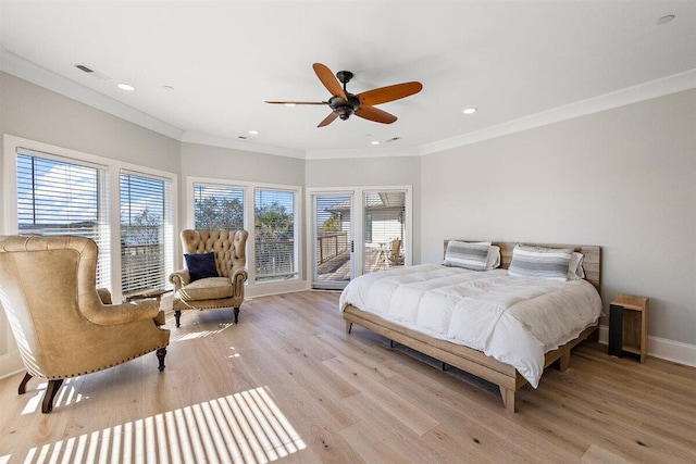 bedroom with access to exterior, crown molding, ceiling fan, and light wood-type flooring