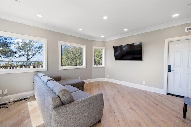 living room with crown molding and light hardwood / wood-style flooring