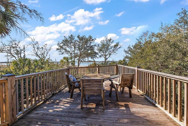 wooden terrace featuring a water view