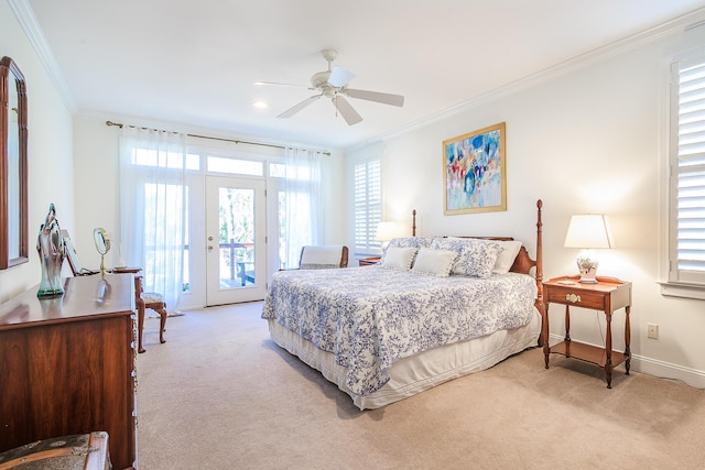 bedroom with baseboards, ceiling fan, ornamental molding, access to exterior, and light carpet