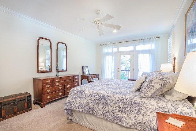 bedroom with ceiling fan, access to exterior, light colored carpet, and ornamental molding