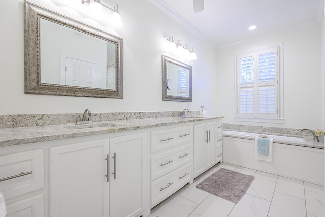 bathroom with double vanity, ornamental molding, marble finish floor, and a sink