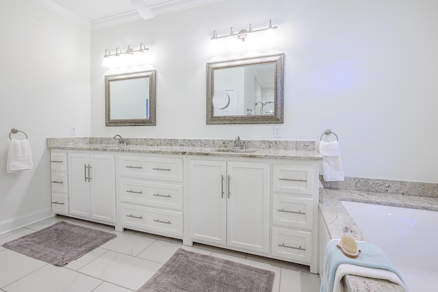 bathroom with double vanity, marble finish floor, crown molding, and a sink