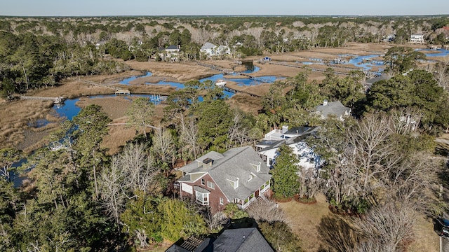 birds eye view of property with a view of trees and a water view