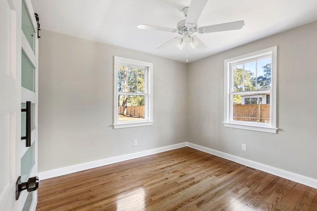 spare room featuring ceiling fan, a barn door, wood-type flooring, and a healthy amount of sunlight