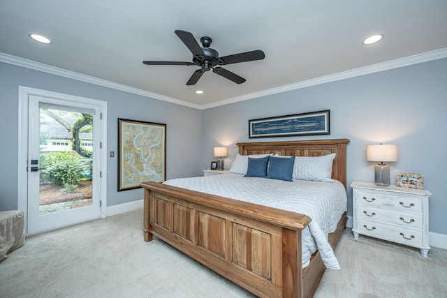 bedroom featuring access to outside, ornamental molding, and light colored carpet