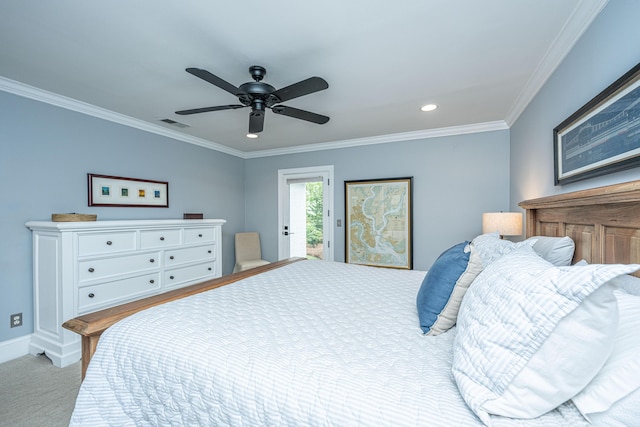 bedroom featuring access to exterior, visible vents, crown molding, and carpet floors