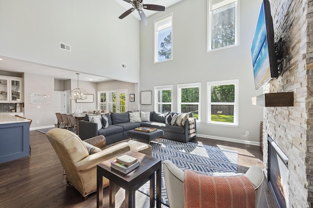 1166 Turkey Trot Dr, Johns Island, SC 29455 - living room with baseboards, dark wood-style flooring, visible vents, and a fireplace