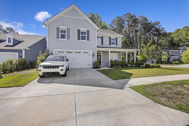 1166 Turkey Trot Dr, Johns Island, SC 29455 - traditional-style house featuring concrete driveway, a front lawn, covered porch, and a garage