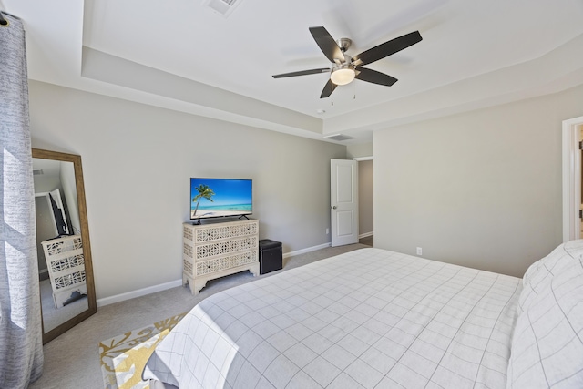 1166 Turkey Trot Dr, Johns Island, SC 29455 - bedroom with a ceiling fan, a tray ceiling, baseboards, carpet flooring, and visible vents