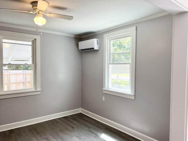 spare room featuring ceiling fan, a wall mounted air conditioner, dark hardwood / wood-style flooring, and crown molding