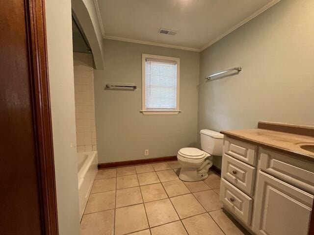 full bathroom featuring shower / bathtub combination, vanity, crown molding, tile patterned flooring, and toilet