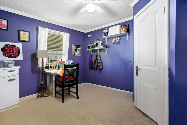 8072 Bing Hill Rd, Adams Run, SC 29426 - carpeted office featuring crown molding, baseboards, a ceiling fan, and a textured ceiling