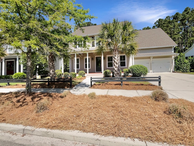 colonial house featuring covered porch, an attached garage, and driveway