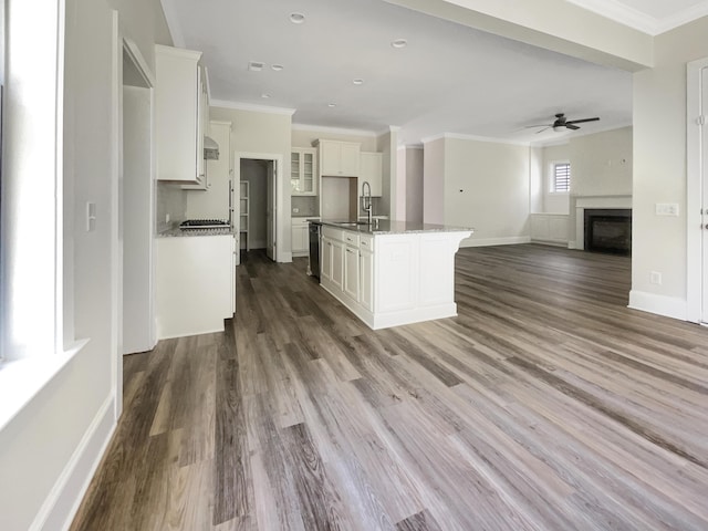 kitchen with a ceiling fan, a fireplace, a sink, open floor plan, and white cabinetry