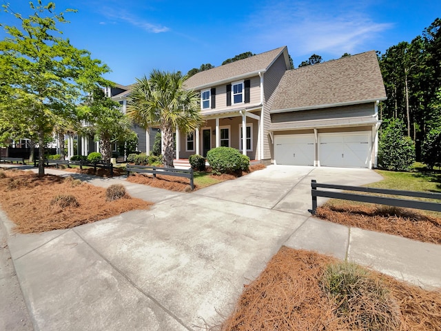 view of front facade with roof with shingles, covered porch, an attached garage, and driveway
