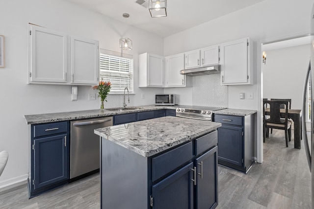 3202 Middleburry Ln, Charleston, SC 29414 - kitchen featuring appliances with stainless steel finishes, under cabinet range hood, a sink, blue cabinetry, and white cabinets