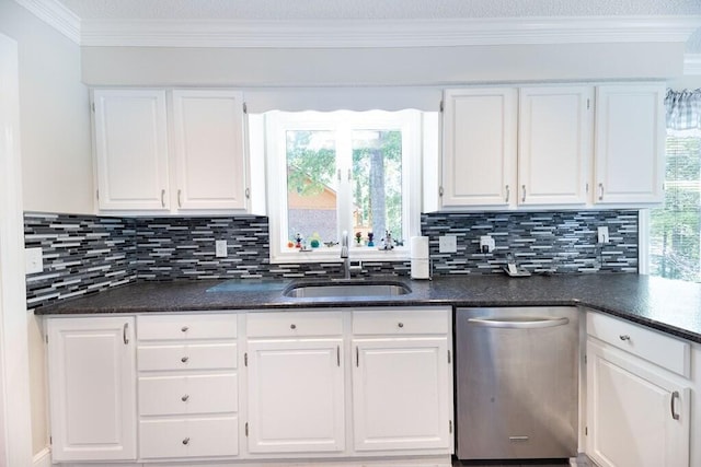 409 Santee Dr, Santee, SC 29142 - kitchen with stainless steel dishwasher, a sink, white cabinetry, backsplash, and ornamental molding
