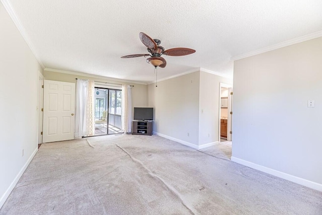 409 Santee Dr, Santee, SC 29142 - unfurnished living room with ornamental molding, ceiling fan, baseboards, a textured ceiling, and carpet flooring