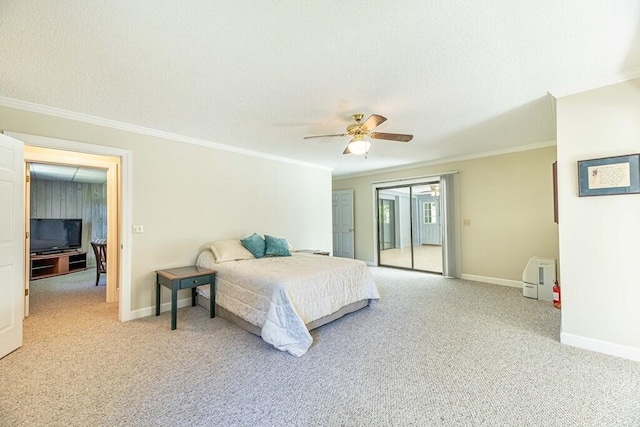 409 Santee Dr, Santee, SC 29142 - carpeted bedroom with ornamental molding, baseboards, a textured ceiling, access to exterior, and a ceiling fan