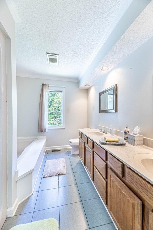 409 Santee Dr, Santee, SC 29142 - full bathroom with toilet, double vanity, a textured ceiling, crown molding, and a garden tub