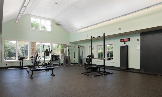 1376 Pelican Watch Villas, Seabrook Island, SC 29455 - workout area with high vaulted ceiling and ceiling fan