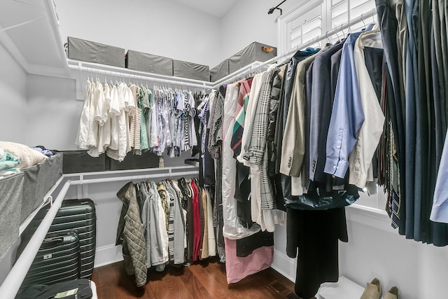 spacious closet with dark hardwood / wood-style flooring