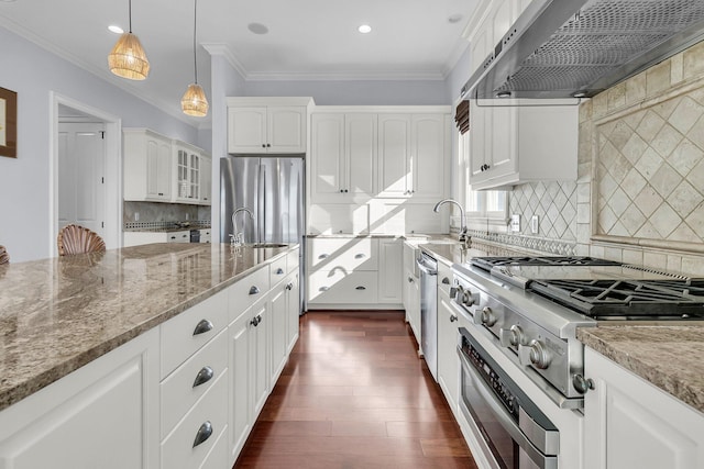 kitchen with ventilation hood, crown molding, decorative backsplash, light stone countertops, and white cabinetry