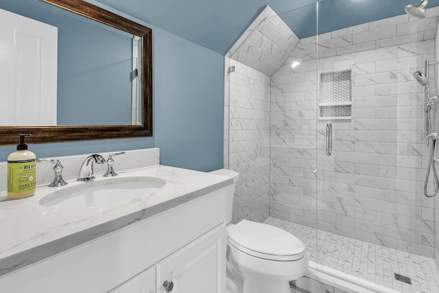 bathroom featuring vanity, toilet, and an enclosed shower