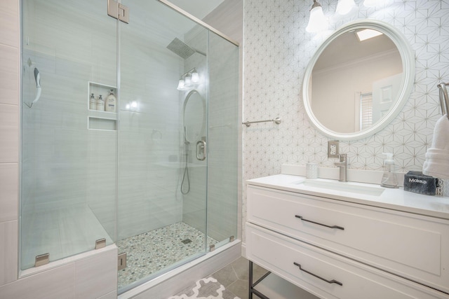 2177 Gulf Dr, Mount Pleasant, SC 29464 - full bath featuring a stall shower, vanity, and crown molding