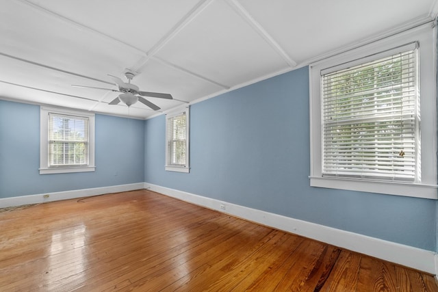 spare room featuring wood-type flooring, ornamental molding, and ceiling fan