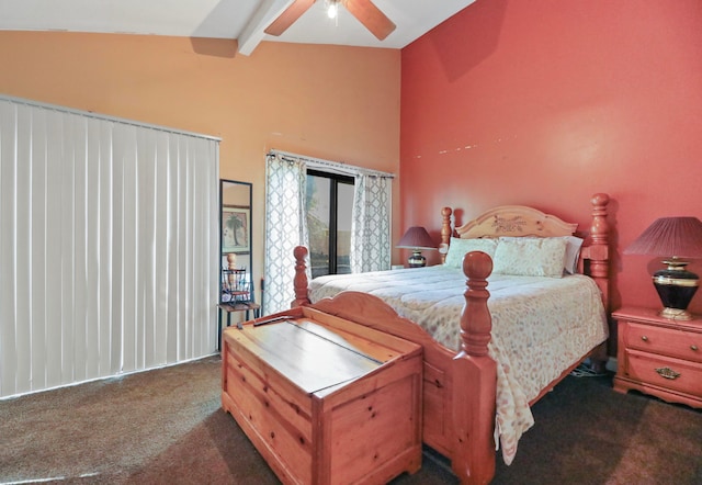 carpeted bedroom featuring ceiling fan, beam ceiling, and high vaulted ceiling