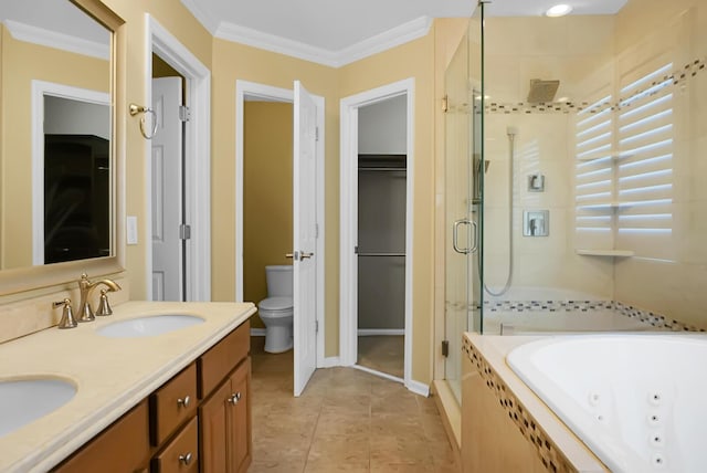 3632 Locklear Ln, Mount Pleasant, SC 29466 - full bathroom featuring a shower stall, a jetted tub, toilet, double vanity, and ornamental molding