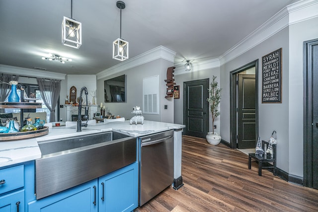 kitchen with stainless steel dishwasher, ornamental molding, dark wood-type flooring, blue cabinetry, and decorative light fixtures