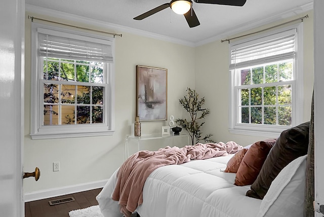 4810 Parkside Dr, North Charleston, SC 29405 - bedroom featuring wood finished floors, ornamental molding, baseboards, and ceiling fan