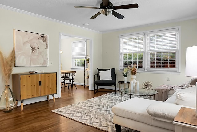 4810 Parkside Dr, North Charleston, SC 29405 - living area with crown molding, a ceiling fan, and wood finished floors