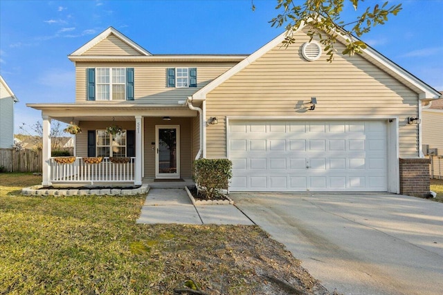 traditional-style house featuring covered porch, a garage, fence, concrete driveway, and a front lawn