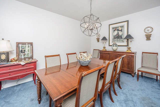 dining area featuring light colored carpet and a chandelier