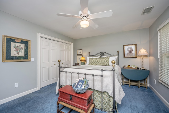 bedroom featuring a closet, carpet floors, and ceiling fan